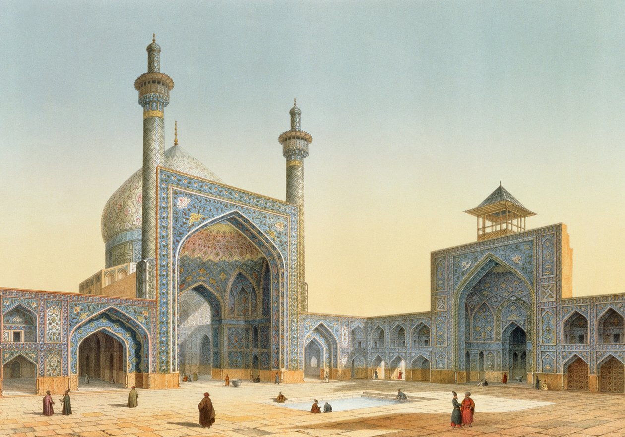 Näkymä Mesdjid-i-Shahin sisäpihalle Isfahanissa "Persian moderneista monumenteista", kaivertanut Bachelier, 1856 tekijältä Pascal Xavier Coste