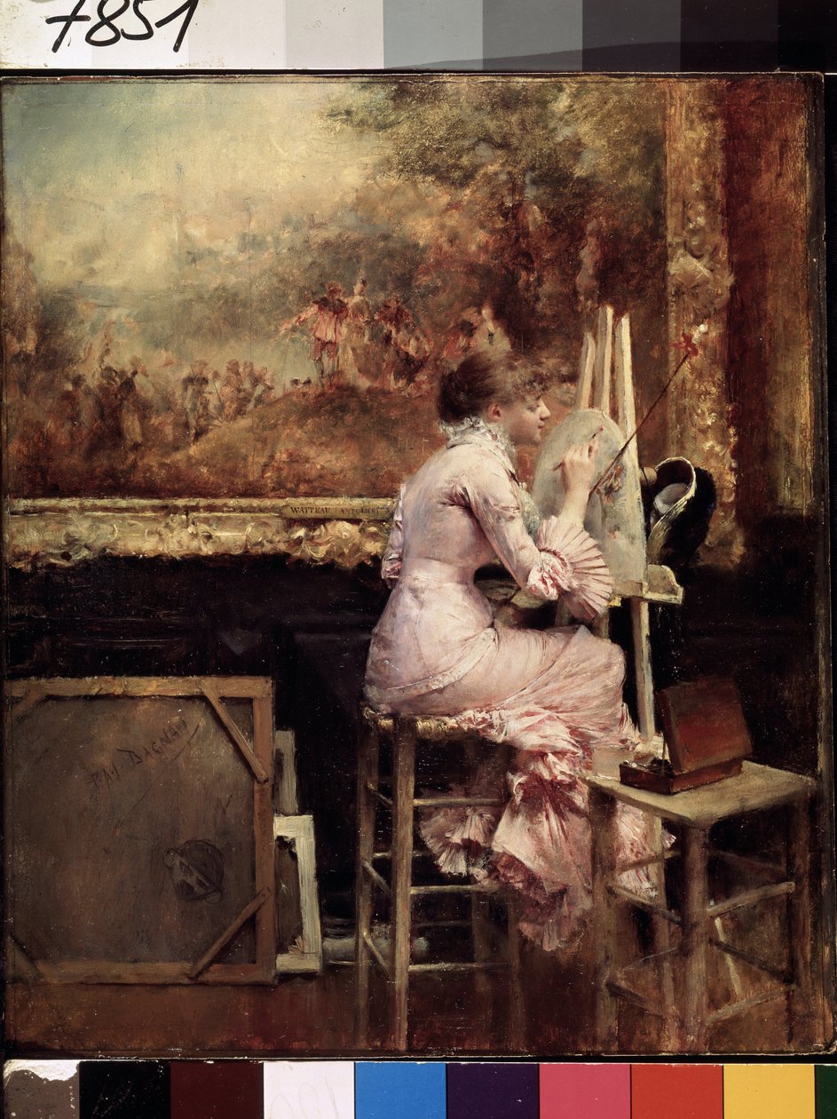 ""Nuori taiteilija tekee akvarelleja Louvren museossa"" (Nuori akvarellimies Louvressa) Hän on pukeutunut Belle Epoque -tyyliin ja istuu jakkaralla. Pascal Adolphe Jean Dagnan-Bouveret