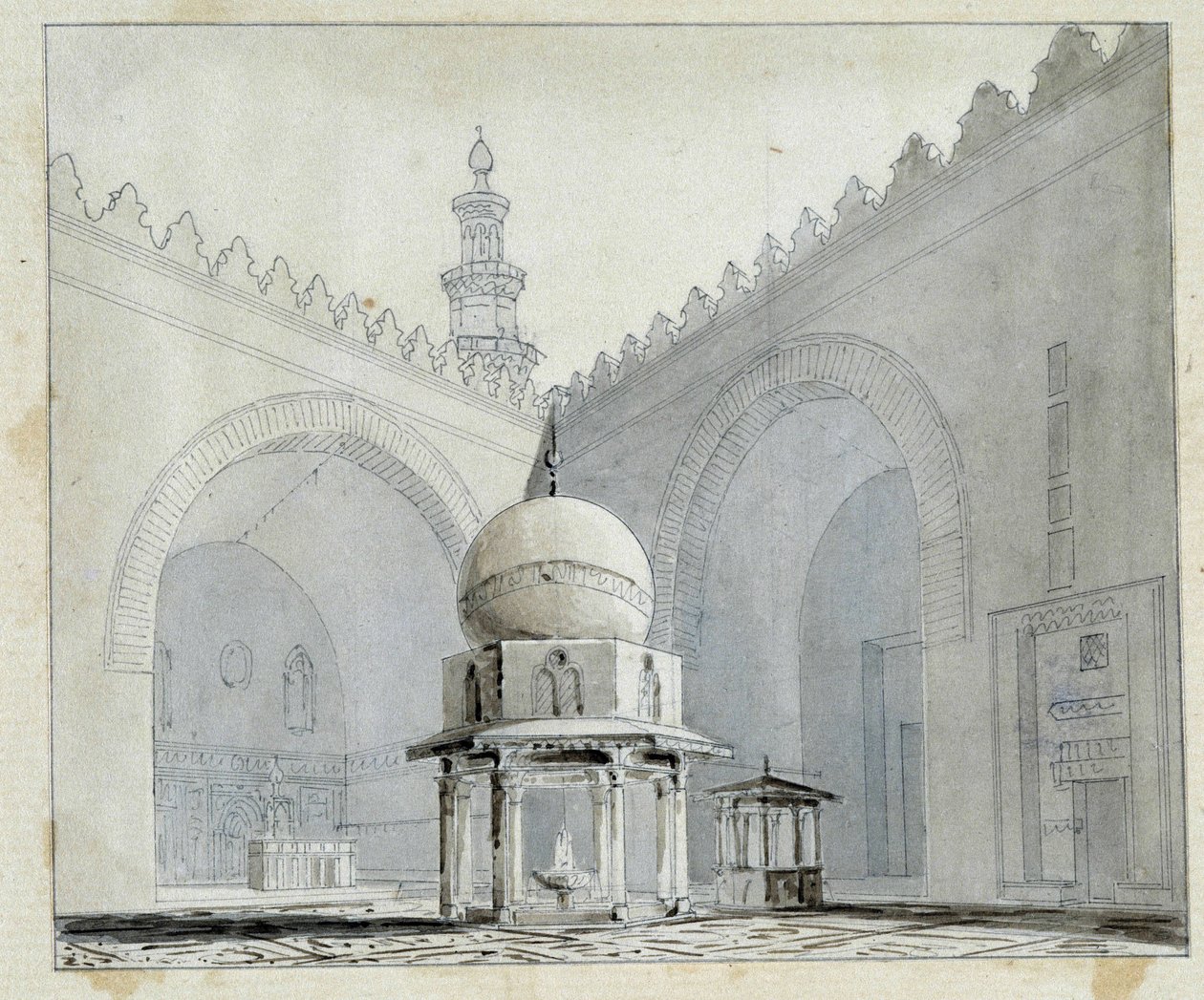 Sulttaani Hassanin moskeijan tuomioistuin, Kairo Egypti. Pascal Costen akvarelli (1787-1879). Marseillen kaupunginkirjasto tekijältä Pascal Xavier (after) Coste