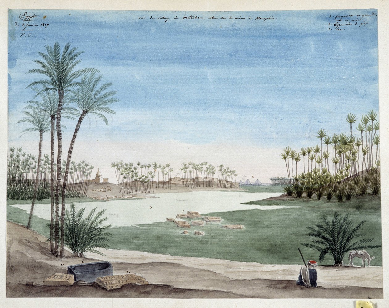 Egypti: Näkymä Metrihamin kylästä lähellä Memphisiä. Pascal Costen (1787-1879) piirustus 1819 Välimeren arkeologinen museo, Marseille tekijältä Pascal Xavier (after) Coste