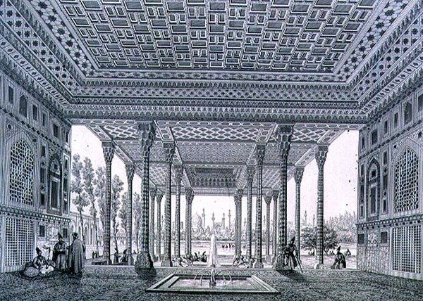 Sisäkuva Isfahanin peilipaviljongista, levy 35 julkaisusta "Modern Monuments of Persia", kaiverrettu Claude Sauvageot (1832-85) ja Jean Charles Huguet tekijältä Pascal Xavier (after) Coste