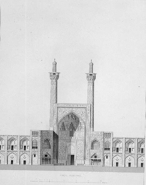 Mesdjid-i-Shahin pääportti Isfahanissa "Persian moderneista monumenteista", Buryn kaivertama tekijältä Pascal Xavier (after) Coste