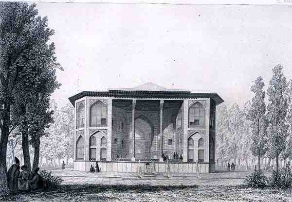 Kahdeksan paratiisin paviljonki Isfahanissa, Persian Voyage Pittoresquesta, kaiverrettu Jules Penel (s.1833) ja Joseph Durond (s.1816), julkaisija Lemercier, Paris tekijältä Pascal Xavier (after) Coste