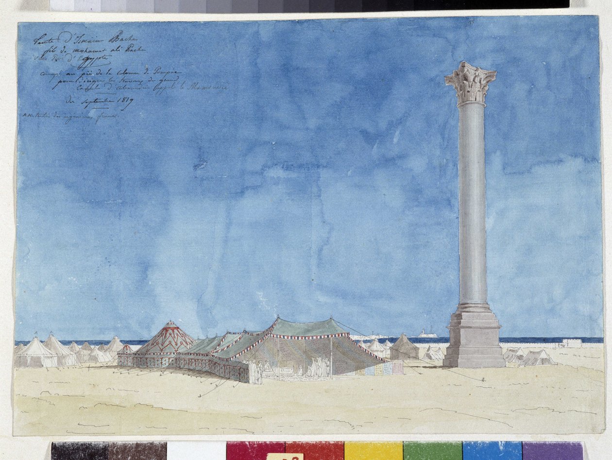 Teltta, leiri Pompee-pylvään juurella. Pascal Costen (1787-1879) piirros, Marseillen kaupunginkirjasto tekijältä Pascal Xavier (after) Coste