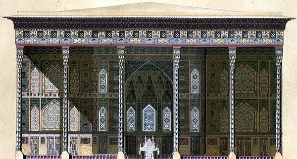 Chehel Situnin paviljonki tai "40 pylvästä", Isfahan, levyt 42-43 julkaisusta "Modern Monuments of Persia", kaivertanut A. Levie tekijältä Pascal Xavier (after) Coste