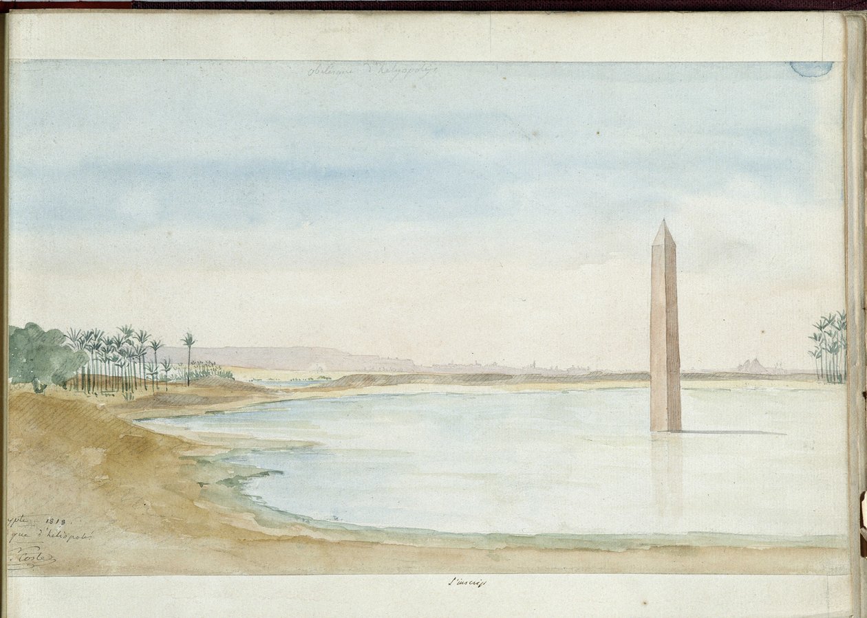 Näkymä Niilille ja Sesostris I:n obeliskille Heliopoliksessa, Egyptissä. Pascal Costen akvarelli (1787-1879). Marseillen kaupunginkirjasto tekijältä Pascal Xavier (after) Coste