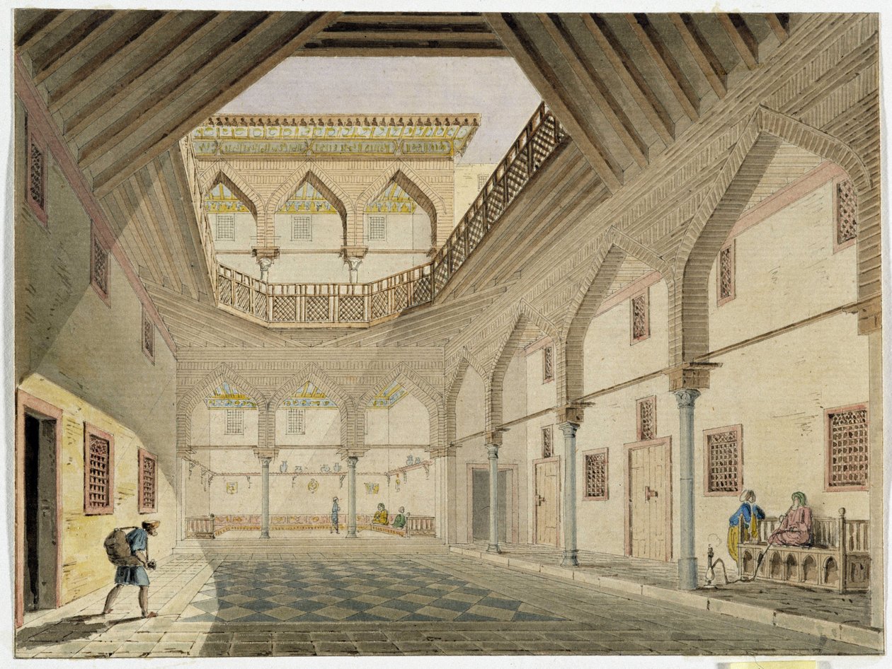 Näkymä asuntovaunuradan sisäpuolelle, Azir Osman Aghan kotiin. Pascal Costen akvarelli (1787-1879) Välimeren arkeologian museo, Marseille tekijältä Pascal Xavier (after) Coste