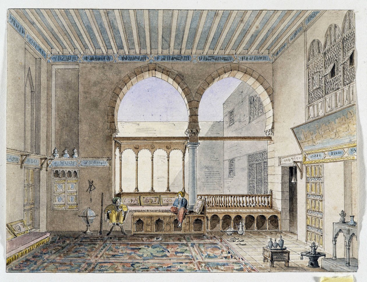 Näkymä Sheik Jabartin palatsin sisätiloihin. Pascal Costen akvarelli (1787-1879) Välimeren arkeologian museo, Marseille tekijältä Pascal Xavier (after) Coste