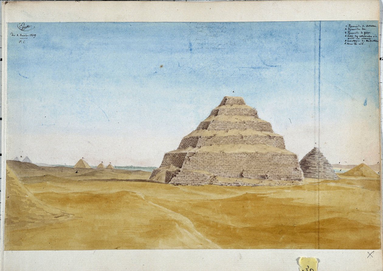 Näkymä Sakarran pyramideista. Egypti tammikuu 1819 Pascal Costen akvarelli (1787-1879) Marseillen kaupunginkirjasto tekijältä Pascal Xavier (after) Coste