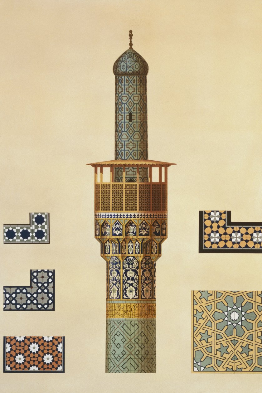 Minareetti ja keraamisia yksityiskohtia Medrese-i-Shah-Husseinin moskeijasta Isfahanista, levy 24-25 julkaisusta "Modern Monuments of Persia", kaivertanut A. Levie, 1856 tekijältä Pascal Xavier Coste