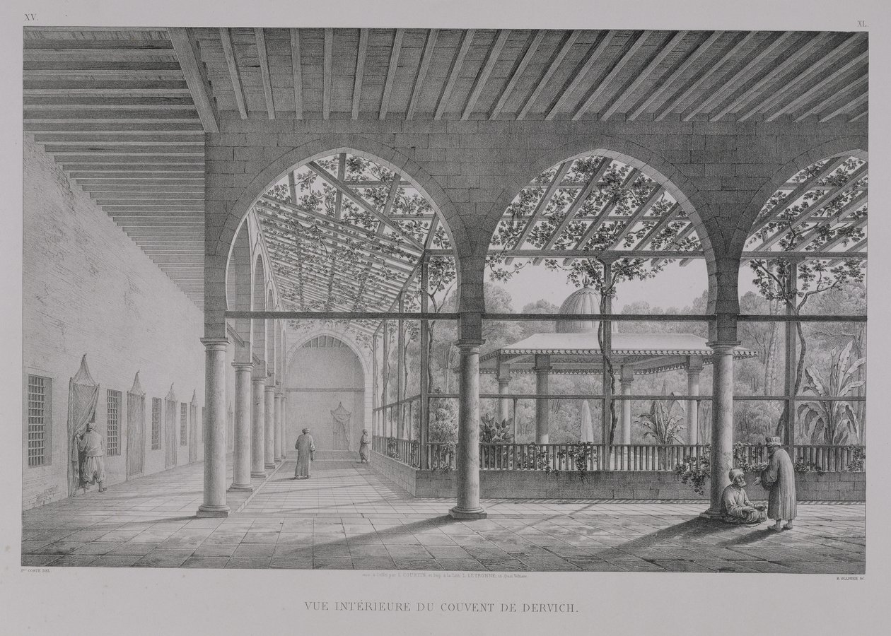 Näkymä Kairon Dervish-luostarin sisätiloihin "Kairon muistomerkit ja rakennukset", kaiverrettu Emile Edmond Ollivier (1800-64), julkaissut Letronne, Pariisi, 1829 tekijältä Pascal Xavier Coste