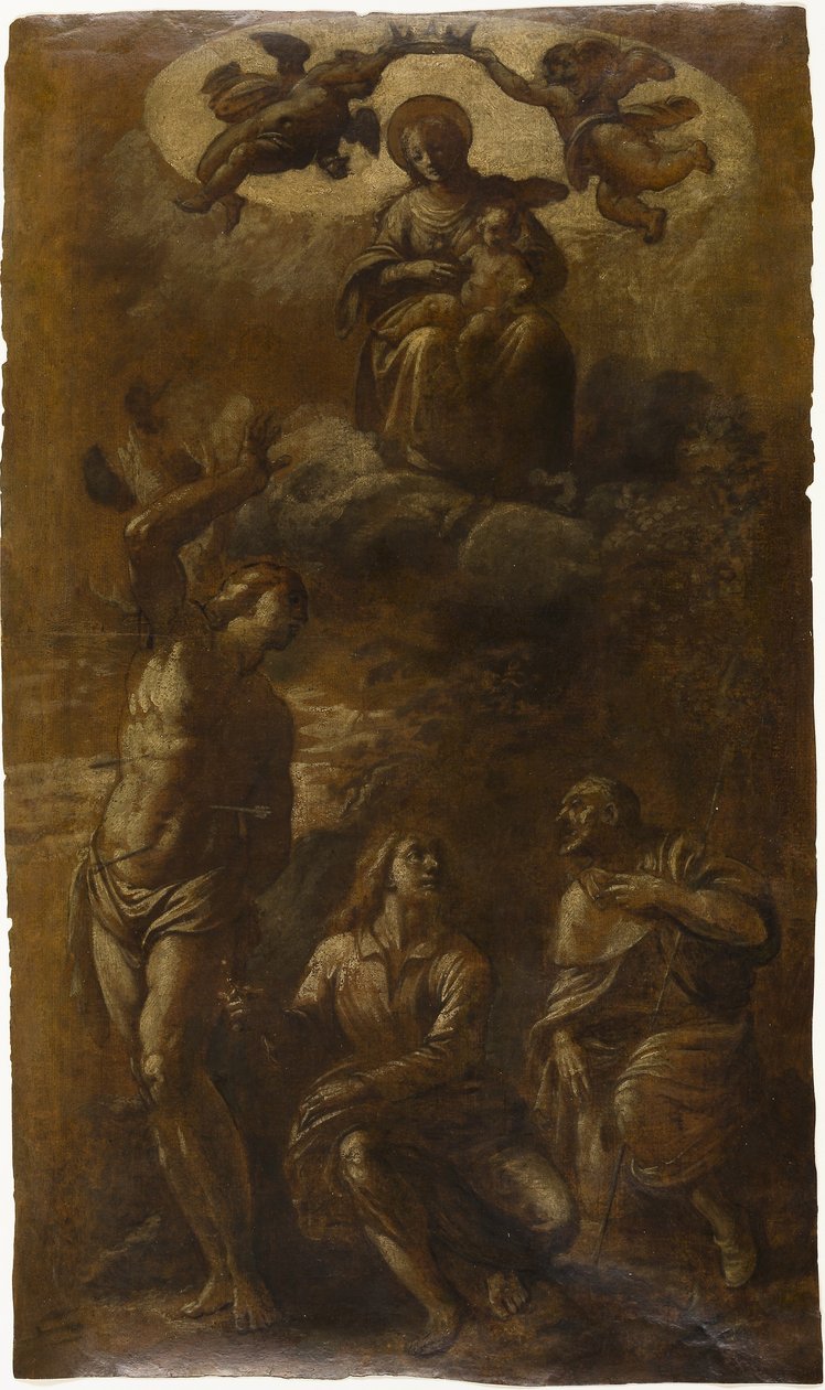 Neitsyt ja lapsi kirkkaudessa pyhien Sebastianin, Johannes evankelistan ja Rochin kanssa, noin 1610 (öljy grafiitilla (lakattu) kermanväriselle liimapaperille). tekijältä Pasquale Ottino