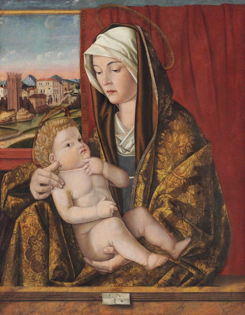 Madonna ja lapsi (öljy & tempera paneelissa, siirretty toiseen paneeliin) tekijältä Pasqualino Veneto (fl.1496 1504)