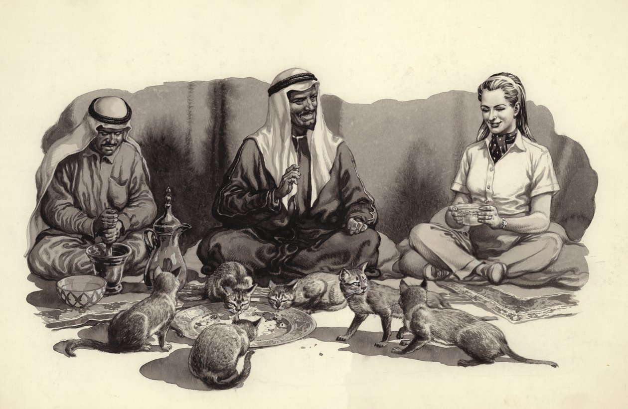 Arabimies ruokkii kissojaan (guassi paperille) tekijältä Pat (1907 95) Nicolle