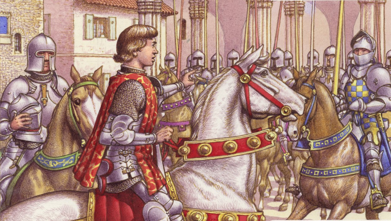 Lorenzo de Medici arvostelee uskollisia sotilaita Firenzen Piazza di Signorialla (guassi paperille). tekijältä Pat (1907 95) Nicolle