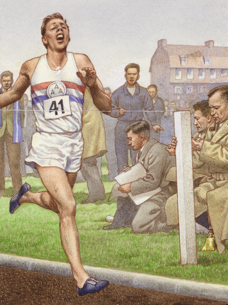 Roger Bannister juoksee ensimmäisen neljän minuutin mailin (gouassia paperille). tekijältä Pat (1907 95) Nicolle