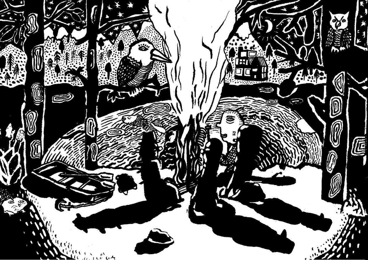 tulipalo metsässä, 2014 (tussi ja sivellin) tekijältä Pat Macdonald