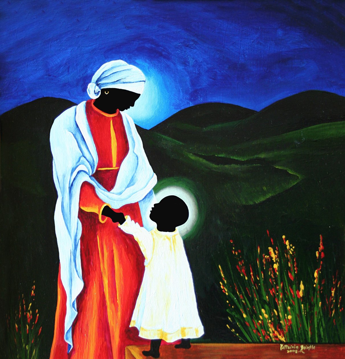 Madonna ja lapsi - Ensimmäiset askeleet, 2008 (akryyli puulle) tekijältä Patricia Brintle
