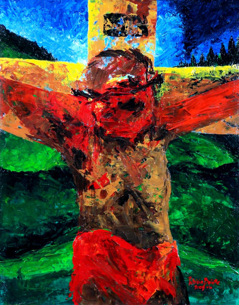 Ristiinnaulitseminen - se on valmis, 2009 (akryyli kankaalle) tekijältä Patricia Brintle