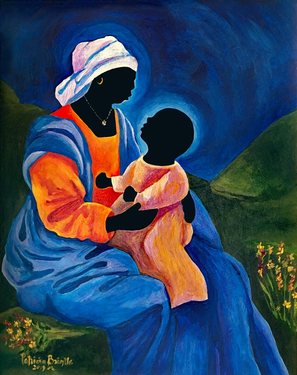 Madonna ja lapsi poimimassa kukkia, 2018 (akryyli masoniitilla) tekijältä Patricia Brintle