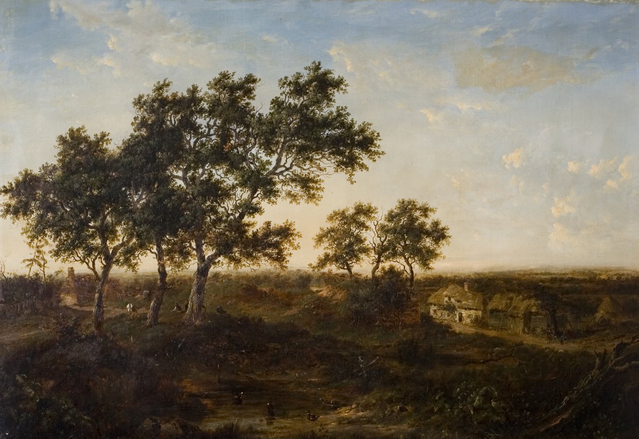 Maisema mökillä ja hahmoilla, 1800-luvun alku tekijältä Patrick Nasmyth