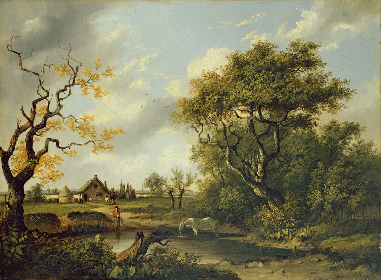 Hevosen juominen lammessa (öljy paneelissa) tekijältä Patrick Nasmyth