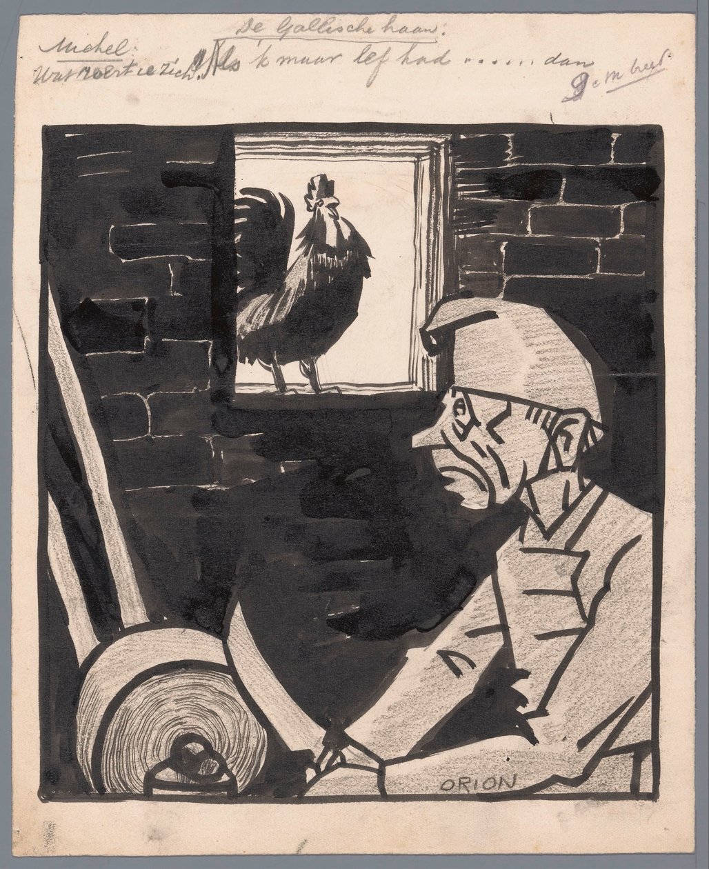 Mies teroittaa veistä ranskalaisen kukon laulaessa Gallialainen kukko (otsikko esineessä) tekijältä Patricq Kroon (signed by artist)