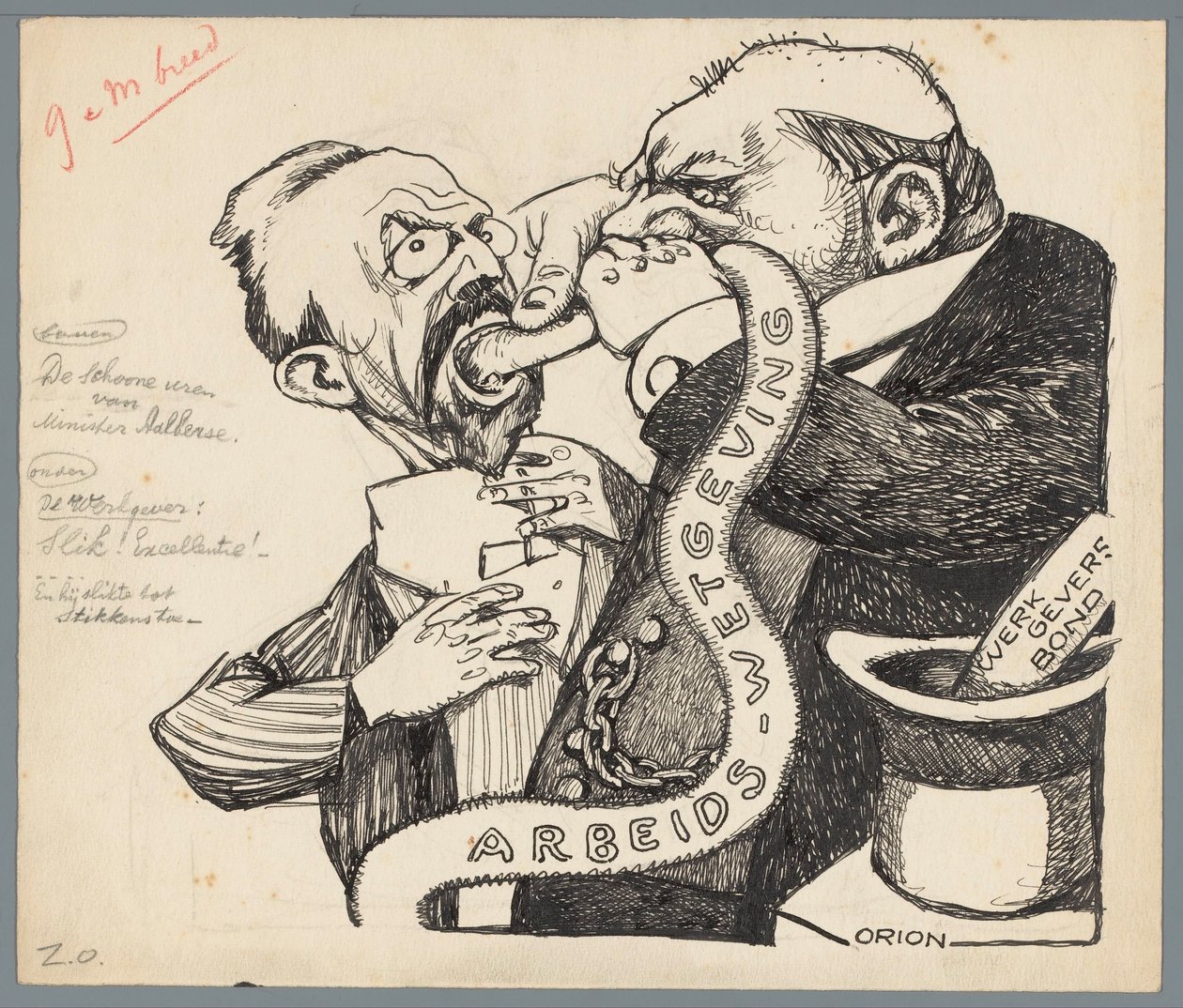 Ministeri Aalberse ja työnantaja Ministeri Aalbersen puhtaat höyhenet (otsikko esineessä) tekijältä Patricq Kroon (signed by artist)
