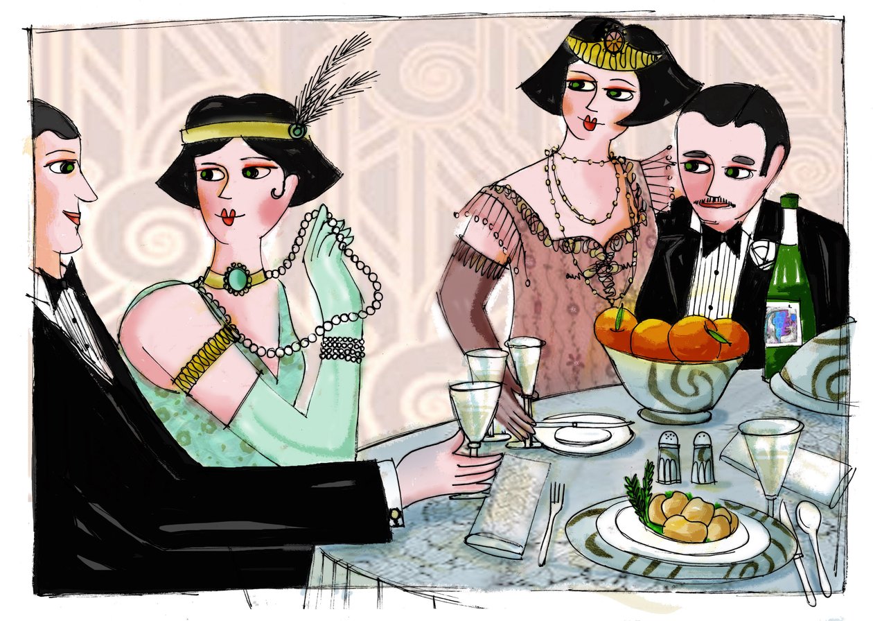 Kuvitus, joka kuvaa amerikkalaisen kirjailijan Francis Scott Fitzgeraldin (1896-1940) "Gatsby the Magnificent" -teoksen (Suuri Gatsby) maallista illallista Piirros Patrizia Laporta tekijältä Patrizia La Porta