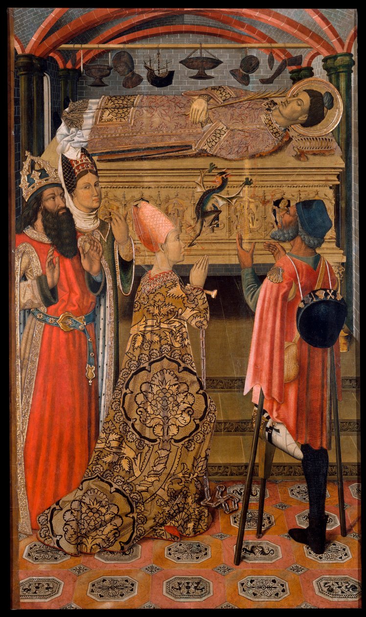 Prinsessa Eudocia (Eudoxie) (408-460) ennen Pyhän Tapanin hautaa - Prinsessa Eudoxia ennen Pyhän Tapanin hautaa - Vergosin perheen maalaus (aktiivinen 1400-luvun lopulla) - n. 1495 - Tempera paneelissa - 192,3x114 - Museu Nacional d