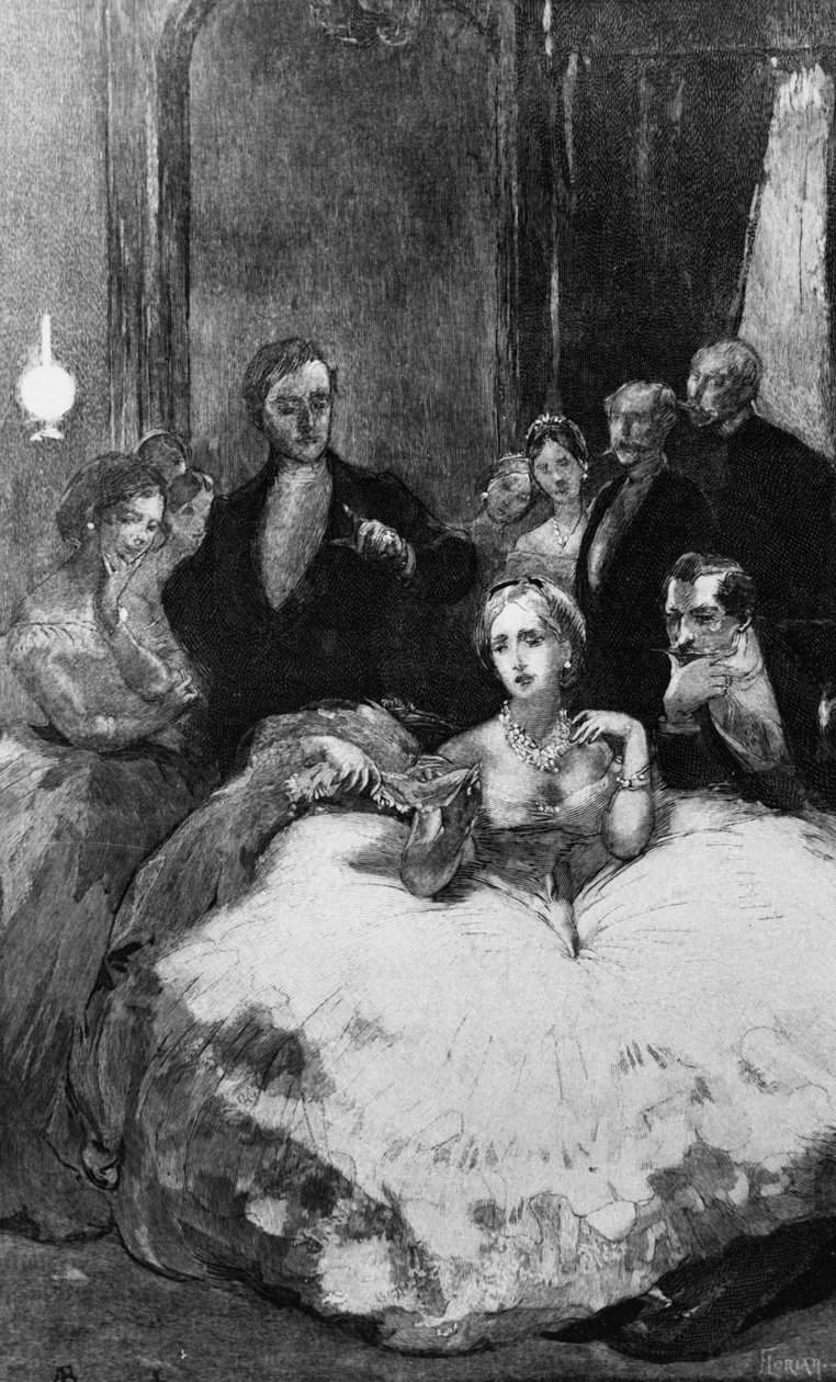 Daniel Dunglas Home loihtii käden solmimaan keisarinna Eugenien nenäliinaa, kuvitus Yveling Rambaudin Force Psychiquesta, Florianin vedos, julkaistu 1889 tekijältä Paul Albert Besnard