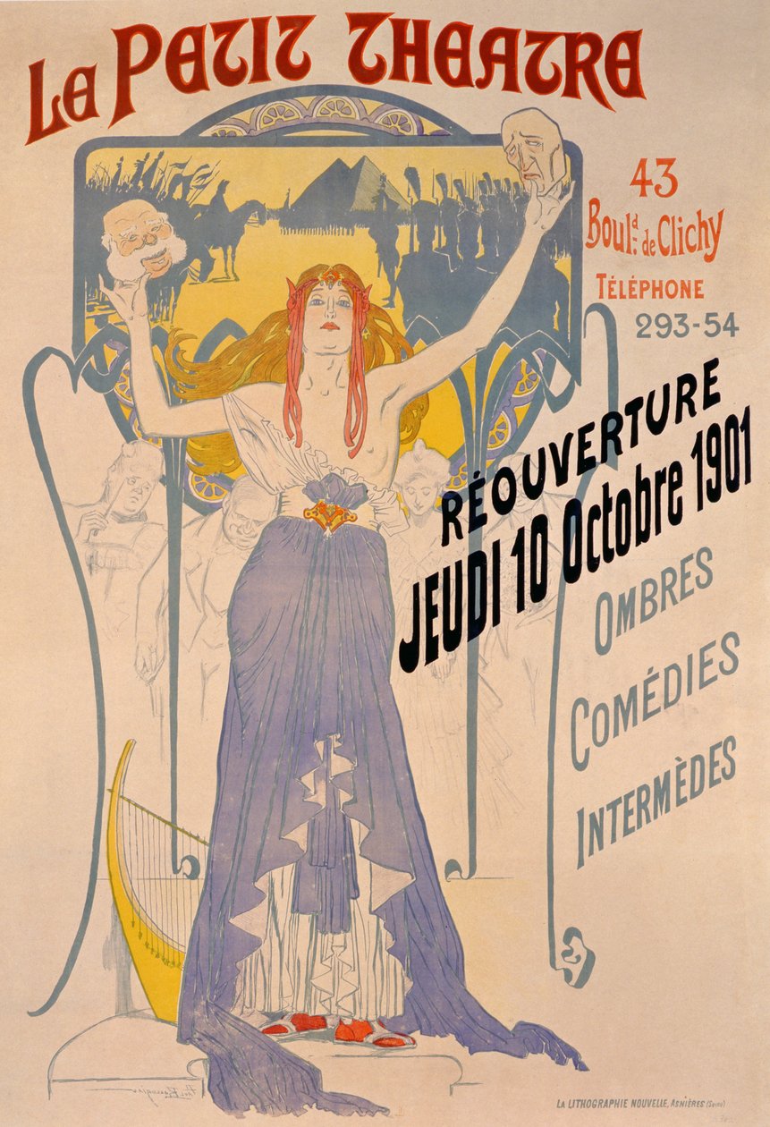 Juliste, joka mainostaa Le Petit -teatterin uudelleen avaamista 10. lokakuuta, Boulevard Clichy, Pariisi, 1901 tekijältä Paul Balluriau