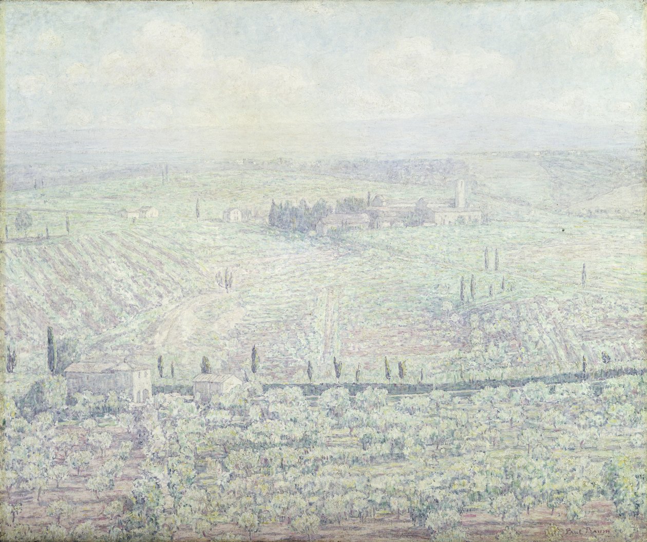 Mäkinen Toscanan maisema aurinkoisen kesäpäivän aamuna, n. 1930 tekijältä Paul Baum