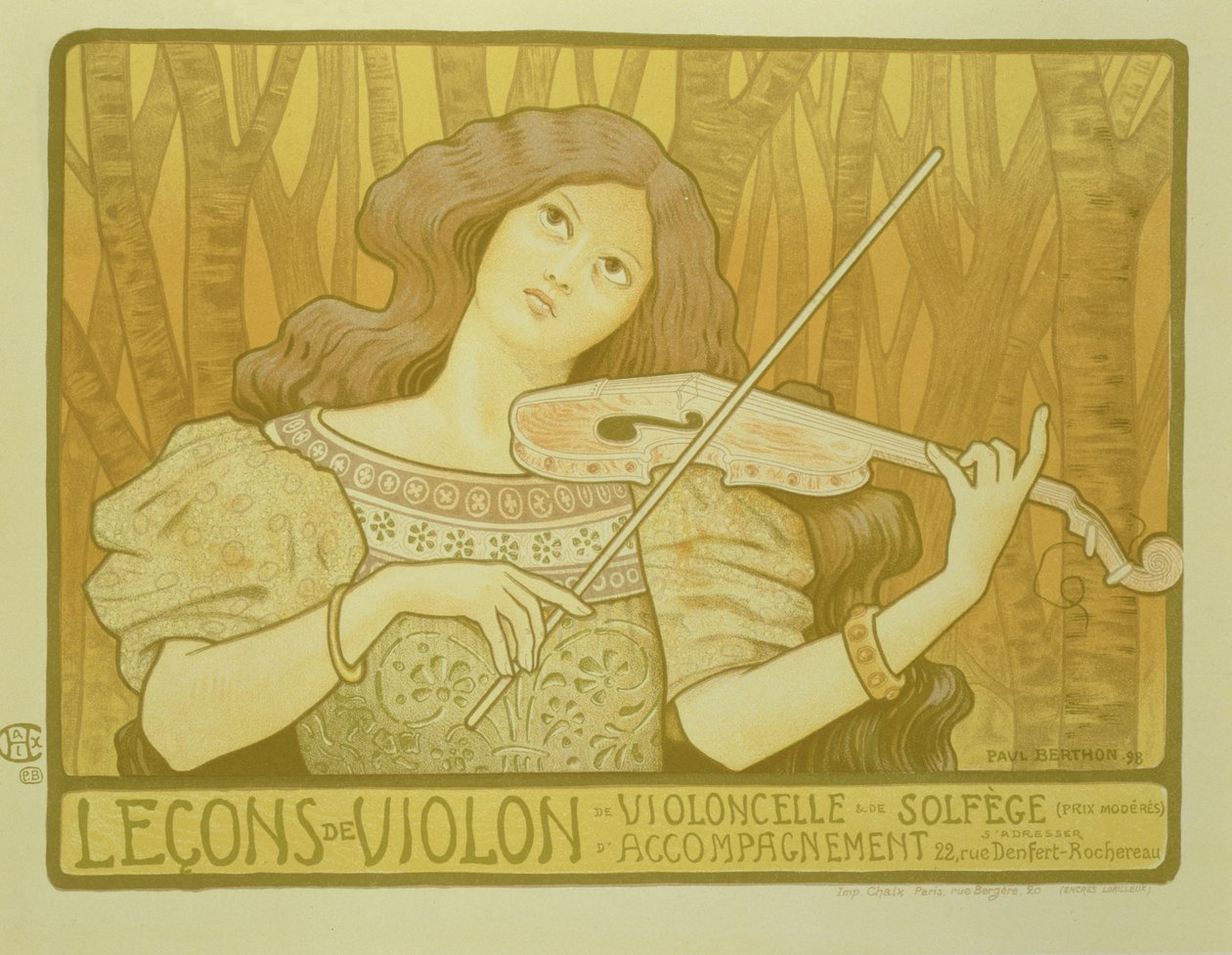 Jäljennös "Violin Lessons" -julisteesta, Rue Denfert-Rochereau, Paris, 1898 tekijältä Paul Berthon