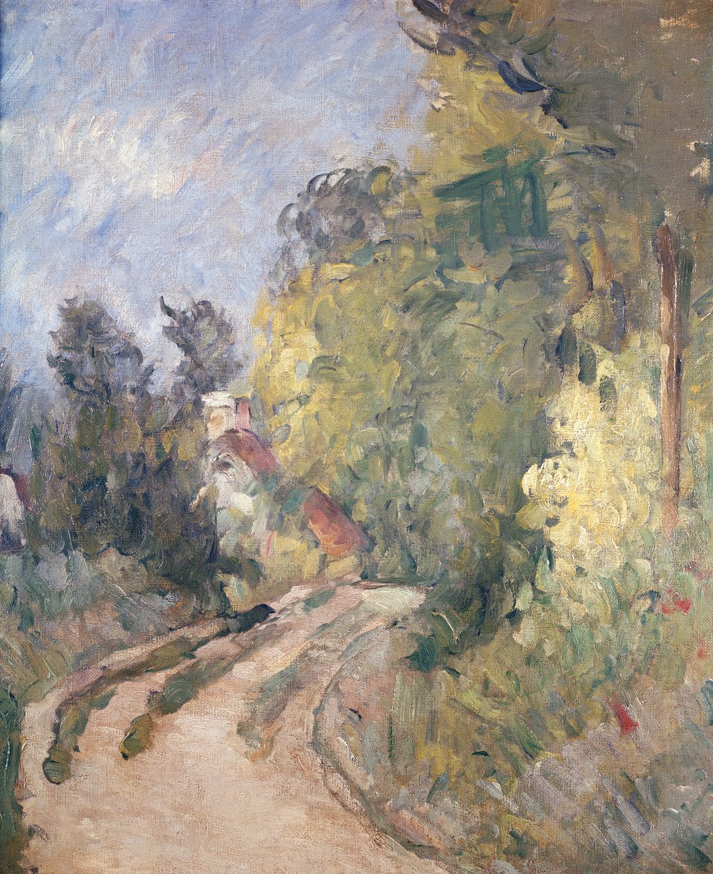 Tiekäännös puiden alla, n. 1873-75 tekijältä Paul Cézanne
