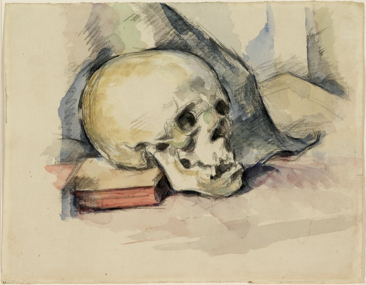 Skull and Book, n. 1885 (wc mustan liidun päällä paperilla) tekijältä Paul Cézanne