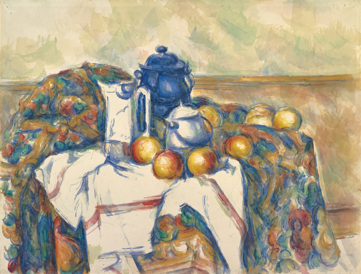 Asetelma sinisen ruukun kanssa, n. 1900 (akvarelli grafiitin päällä) tekijältä Paul Cézanne