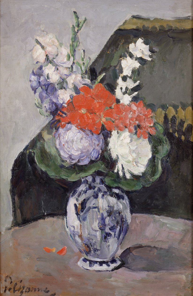 Kukat pienessä Delft-maljakossa, n. 1873 tekijältä Paul Cézanne