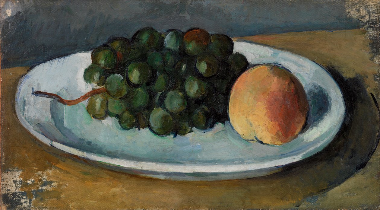 Viinirypäleet ja persikka lautasella, 1877-79 tekijältä Paul Cézanne