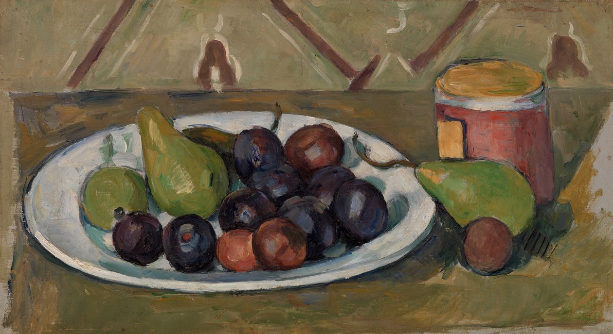 Hedelmälautanen ja säilöntäastia, 1880-81 tekijältä Paul Cézanne