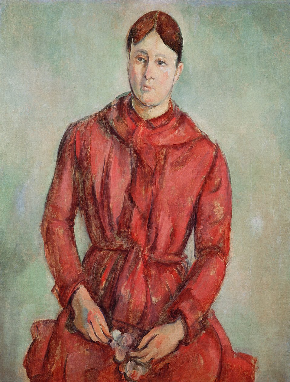 Madame Cezannen muotokuva punaisessa mekossa, n. 1890 tekijältä Paul Cézanne