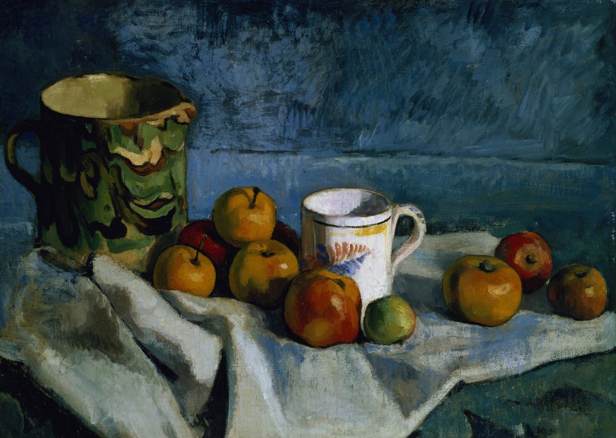 Asetelma omenoiden, kupin ja kannun kanssa tekijältä Paul Cézanne