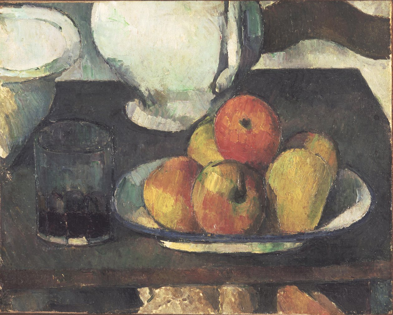 Asetelma omenoiden ja lasillisen viiniä tekijältä Paul Cézanne