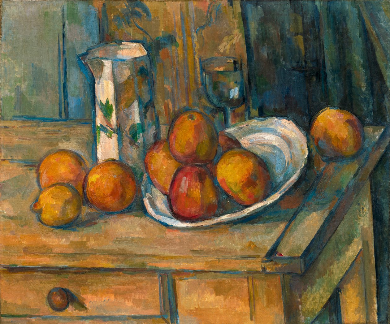 Asetelma maitokannulla ja hedelmillä, n. 1900 tekijältä Paul Cézanne