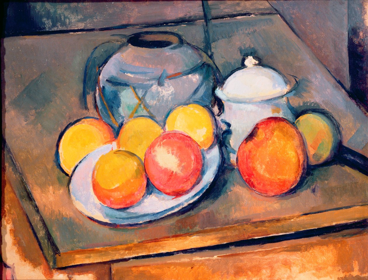 Olkipäällysteinen maljakko, sokerikulho ja omenat, 1890-93 (katso myös 287555) tekijältä Paul Cézanne