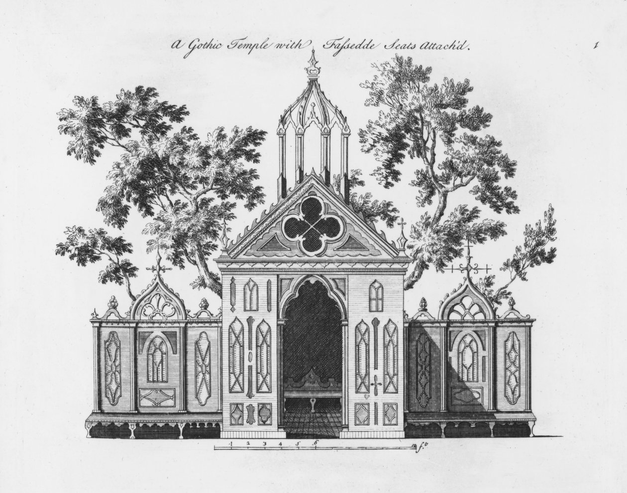 Goottilainen temppeli, teoksesta "Gothic Architecture Decorated, consisting of a large collection of temples, bankqueting, summer and green houses", julkaistu 1759. tekijältä Paul Decker