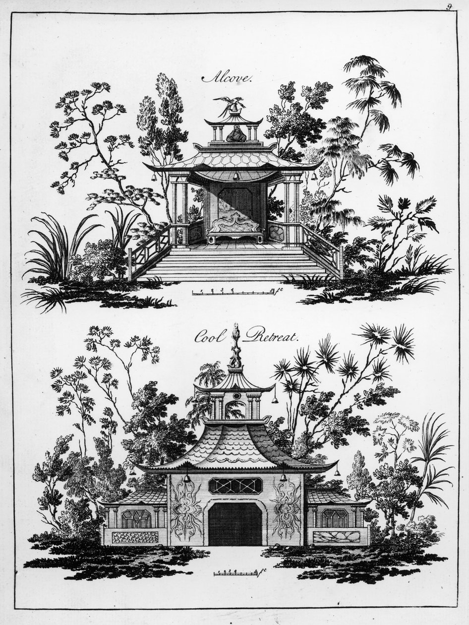 Alkovi ja viileä retriitti, "Chinese Architecture, Civil and Ornamental", julkaistu 1759 tekijältä Paul Decker
