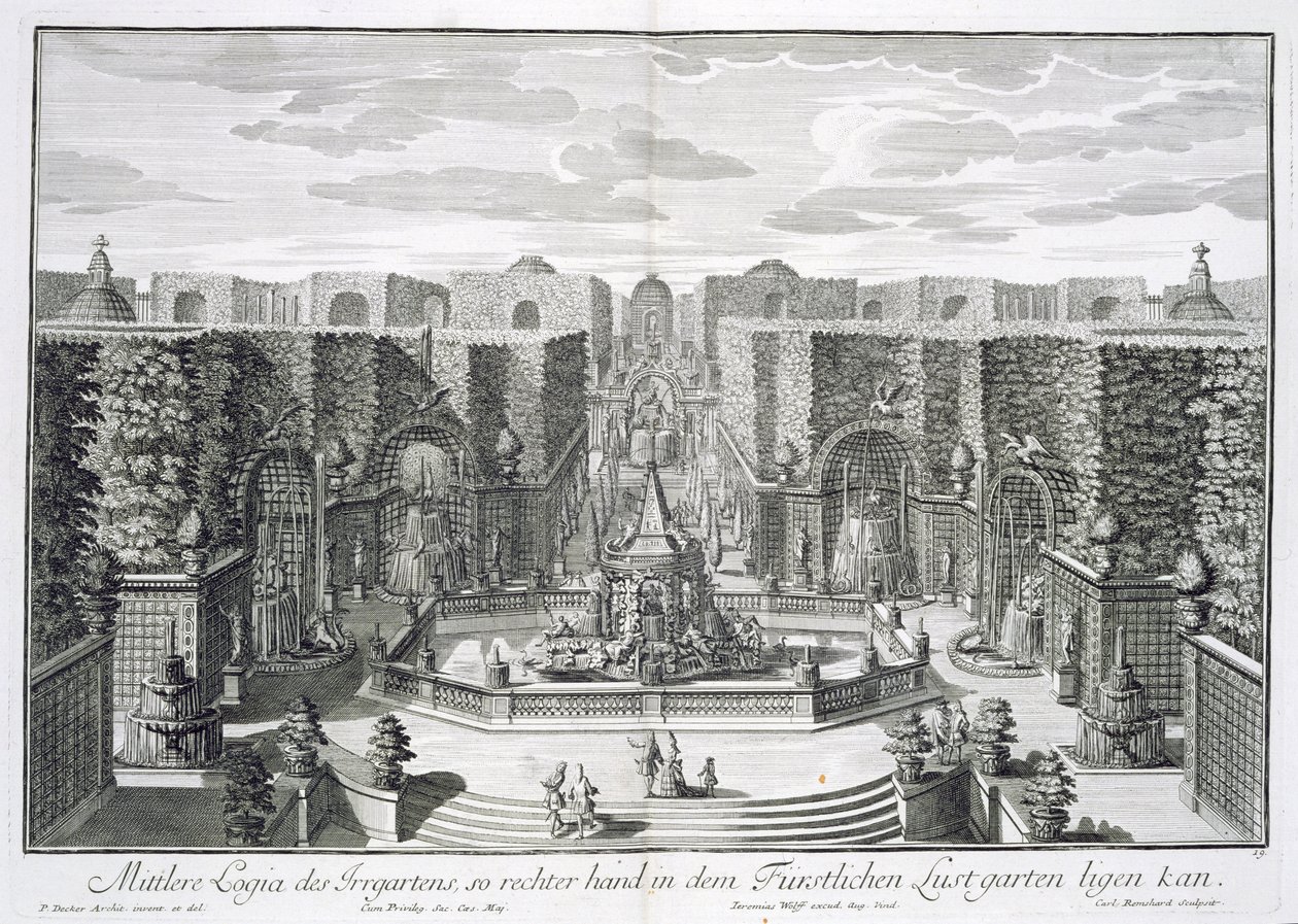 Saksalainen vesipuutarha, "Furstlicher Baumeister", kaiverrus Karl Remshard (1678-1735), julkaistu noin 1711-16 tekijältä Paul Decker