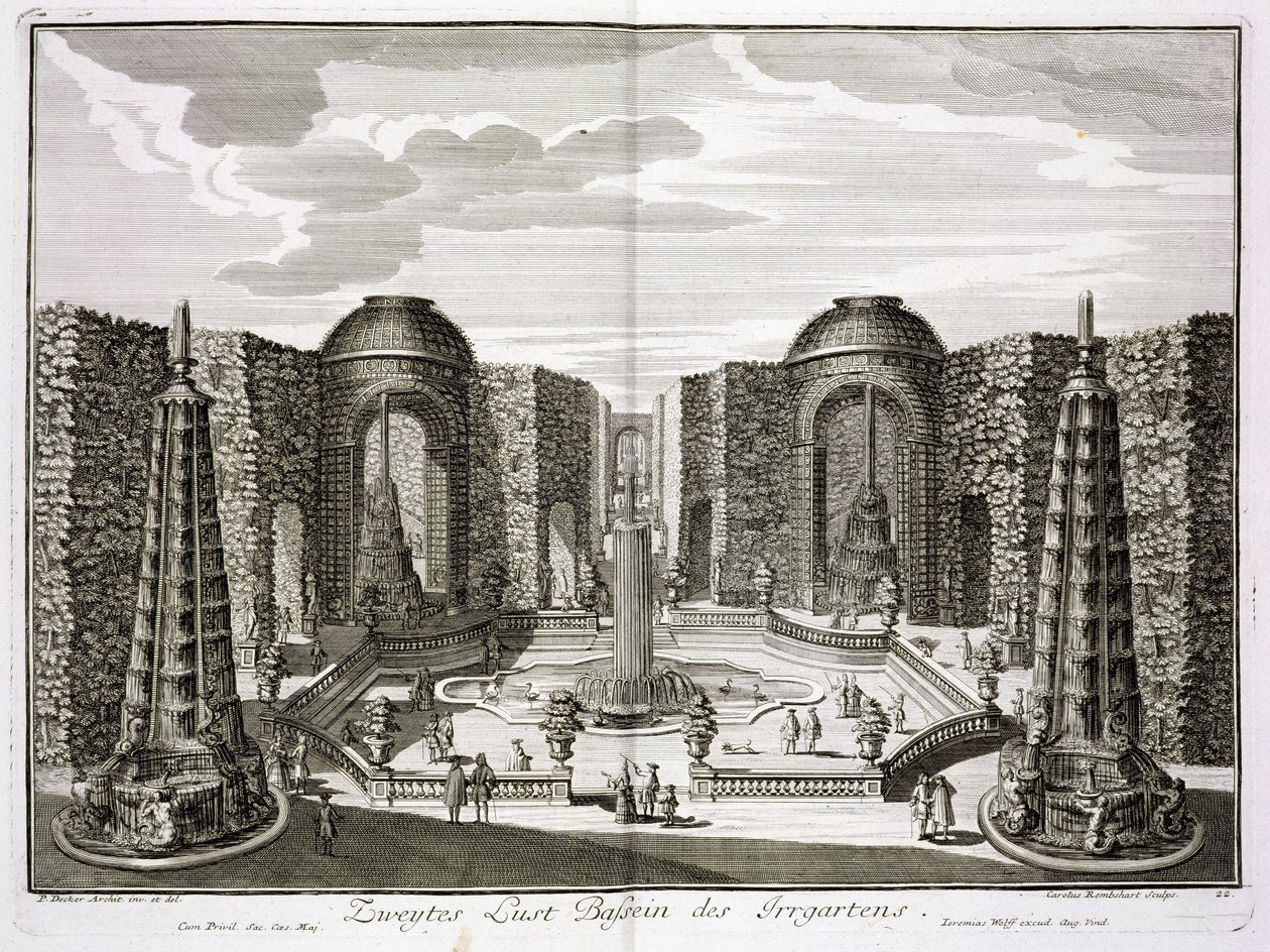 Suihkulähde sokkelossa Princely Pleasure Palace and Gardensissa Berliinissä, kaiverrus Karl Remshard (1678-1735), julkaistu noin 1711-16 tekijältä Paul Decker