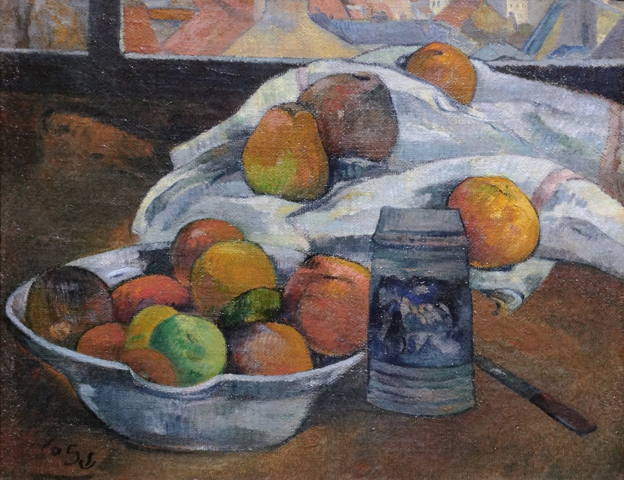 Bowl of Fruit and Tankard ennen ikkunaa, n. 1890 tekijältä Paul Gauguin